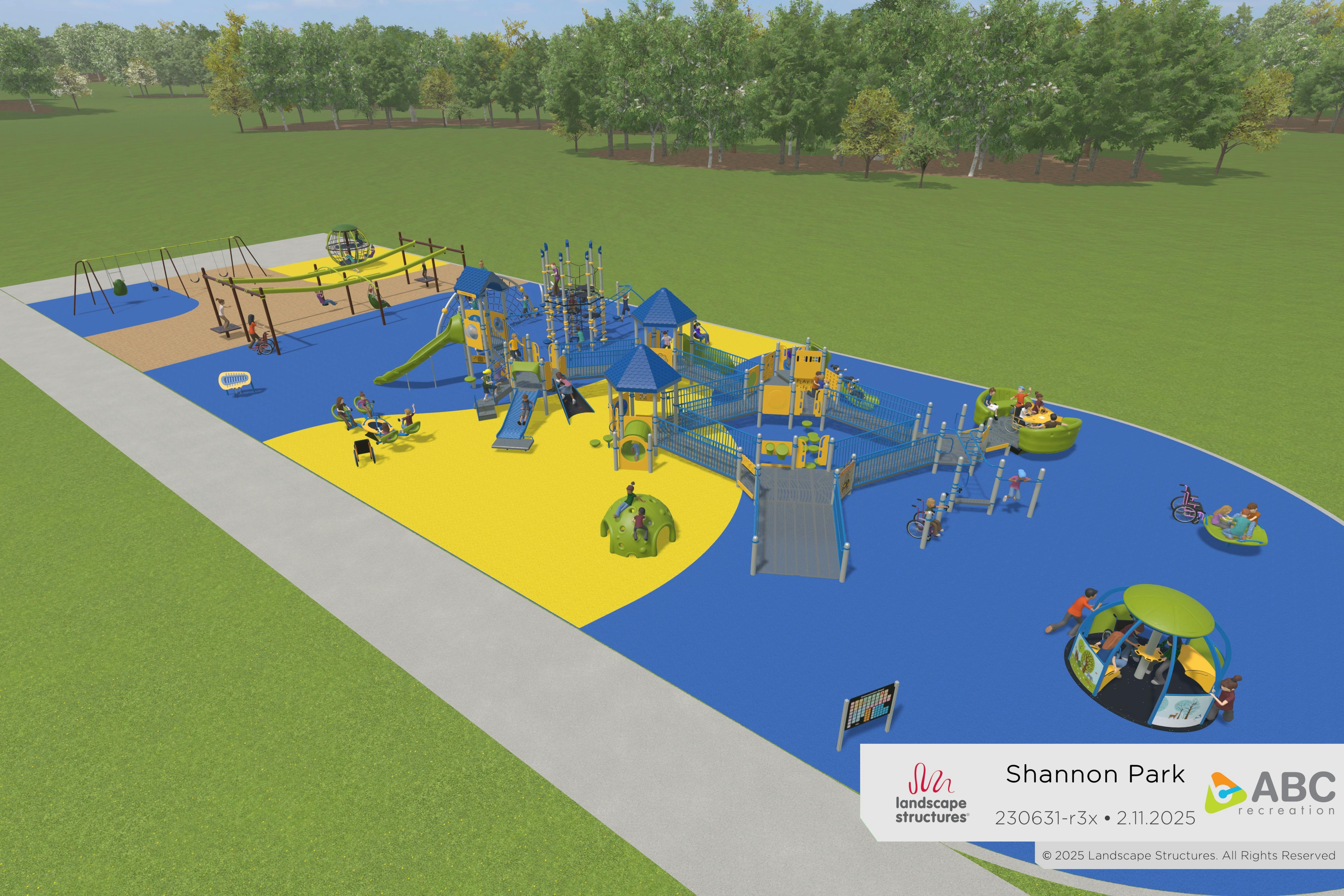 A digital rendering showing an aerial view of what the playground will look like with children playing on the equipment.
