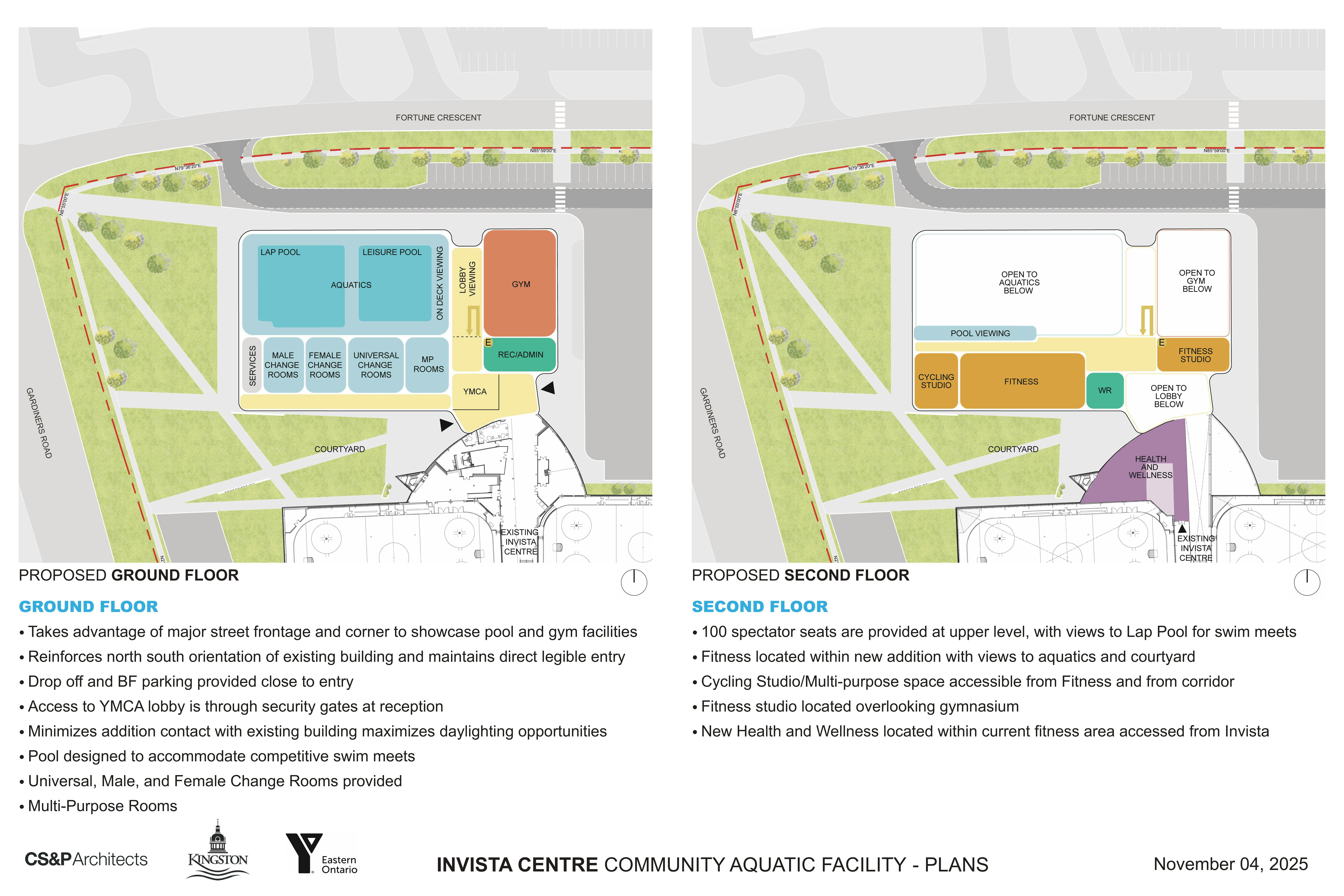 Two side by side overhead maps showing the proposed ground and second floors of the new building.
