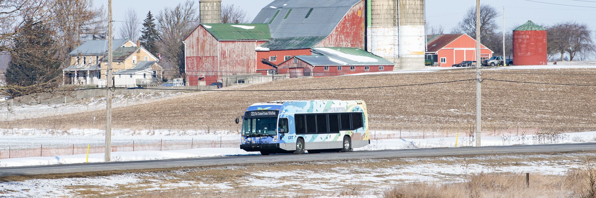 GRT's electric bus travelling through Woolwich Township.