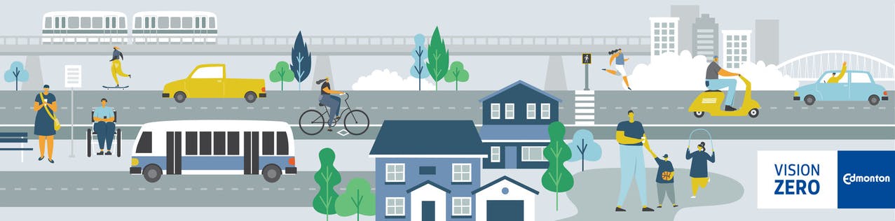Light grey rectangular banner depicting a neighbourhood scene including houses, trees, and crosswalks.  People are moving on the street in many different ways such as walking, biking, driving, skateboarding and taking transit. Vision Zero logo.