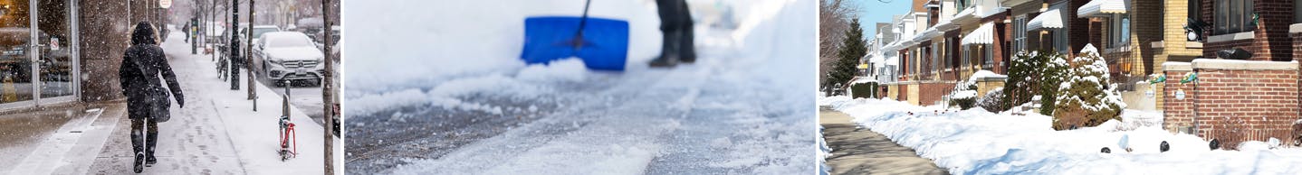 Promotion graphic displaying person walking on snowy sidewalk, shovelling snow and cleared sidewalk infront of houses.