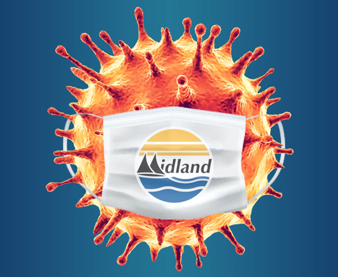 COVID-19 virus graphic with white mask and the Town of Midland logo