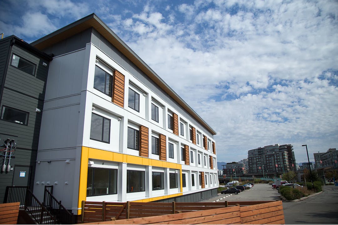 Modular style supportive housing building in the city of Vancouver.