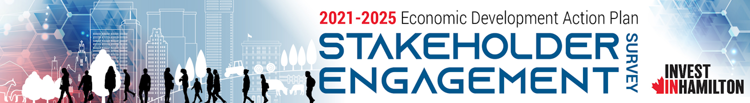 Illustration of silhouettes of people on a background of cityscapes with text "2021-2025 Economic Development Action Plan Stake Holder Engagement Survey"