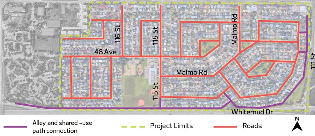 Map showing the project area for Malmo Plains Neighbourhood Renewal, highlighting alley and shared-use path connections, roads and project limits.