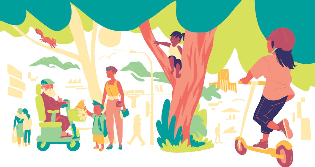 Image: illustration shows diverse people interacting in a neighbourhood setting- an elderly person in an electric scooter, youth in trees and on scooters, a young mother and her child, and a couple walking in the distance.