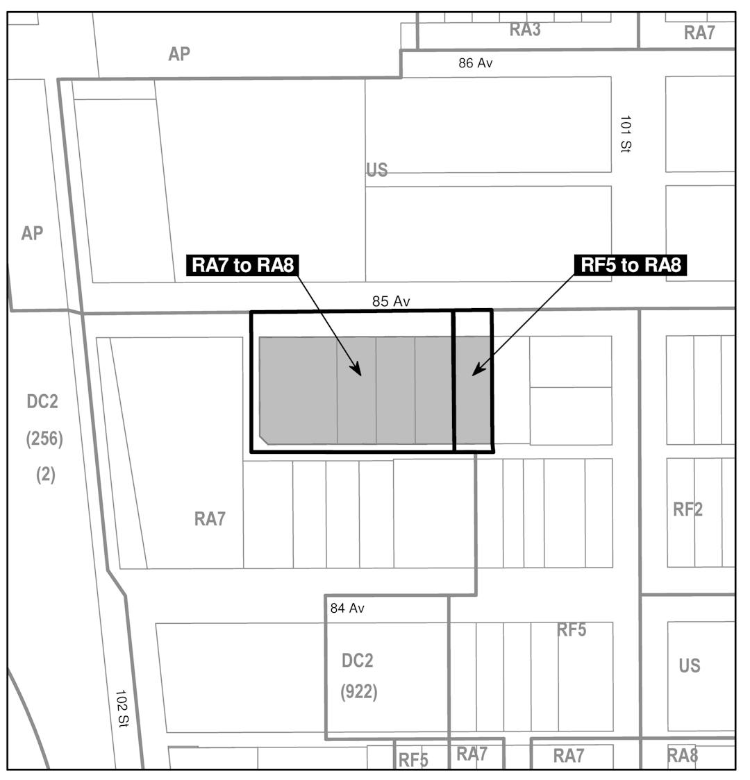 a black and white map of the area around the property that is proposed to be rezoned (10119, 10125, and 10135 - 85 Avenue NW), with a grey box on the property, labelled "RA7 to RA8 and RF5 to RA8".