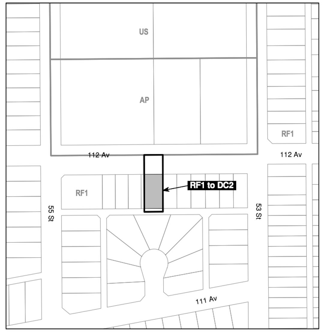 a black and white map of the area around the property that is proposed to be rezoned, with a grey box on the property, labelled "RF1 to DC2".
