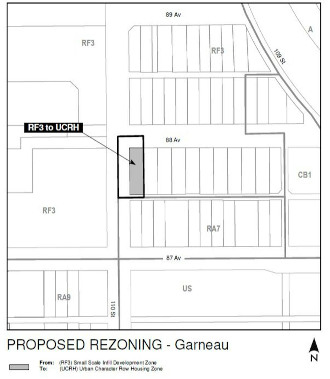 a black and white map of the area around the property that is proposed to be rezoned (8715 - 110 Street NW), with a grey box on the property, labelled "RF3 to UCRH".