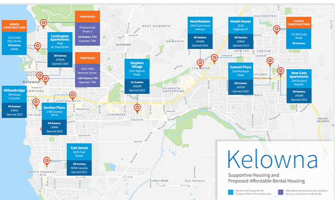 Map showing locations of proposed, and in-development housing for Kelowna
