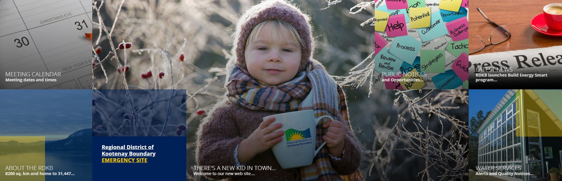 website banner showing girl wearing dusty rose toque and sweater with matching plaid scarf in frosty landscape holding a large mug of hot chocolate and various translucent squares with links to website information.