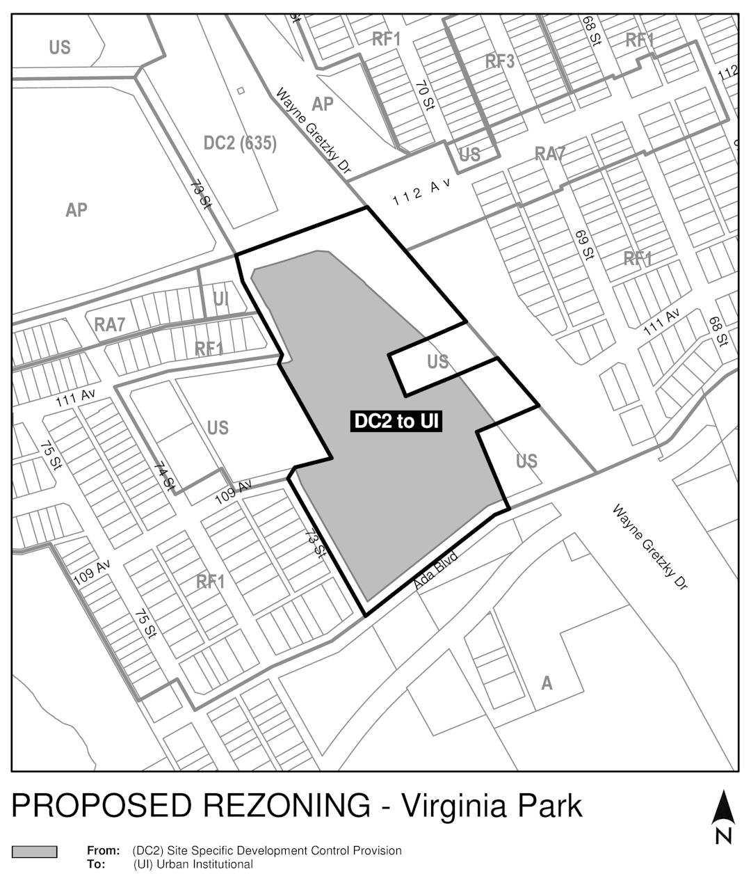 a black and white map of the area around the property that is proposed to be rezoned (7128 Ada Boulevard), with a grey box on the property, labelled "DC2 to UI".