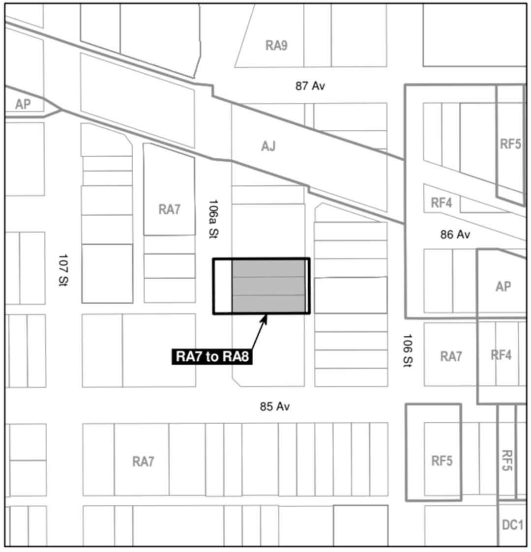 a black and white map of the area around the property that is proposed to be rezoned (8515 106A Street NW, 8521 206A Street NW, and 8523 106A Street NW), with a grey box on the property, labelled "RA7 to RA8".