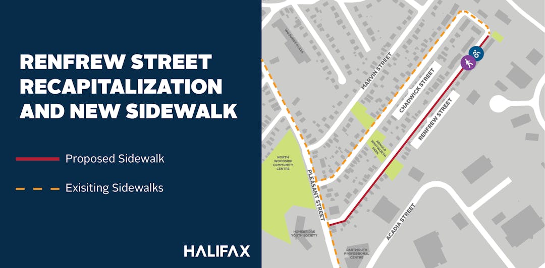 New sidewalk is being proposed on the south side of Renfrew Street to connect into the existing pedestrian network in the neighbourhood.  A red line is shown on the map to delineate the extent between Pleasant and Glenview.