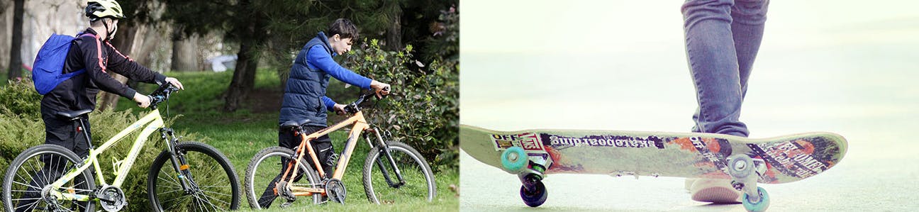 image of two youth kids walking their bicycles through a park, and an image of a skateboard