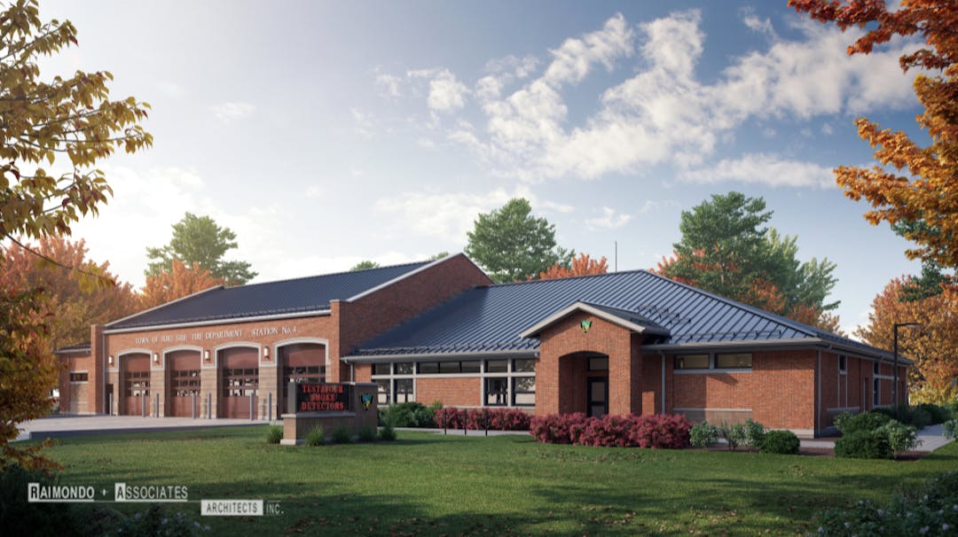 Pictured is the rendering of the brand new Fire Station 4 being build in the Town of Fort Erie. It sits on a blue sky backdrop with green grass with trees that have orange and red leaves on them. 