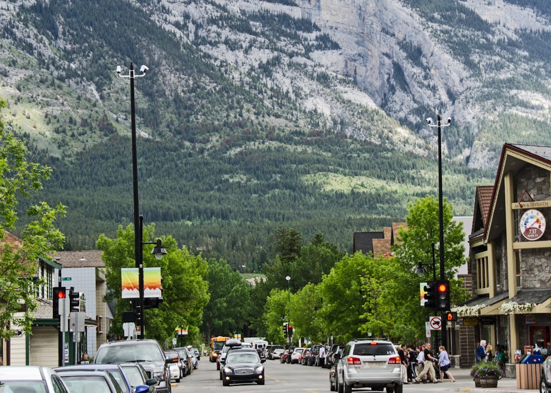 An image of downtown Canmore including the light standards with banners. 