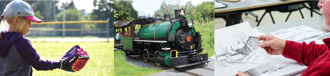 child holding baseball glove in sports field, heritage train, gentleman holding artwork