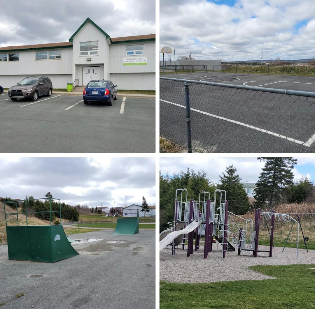 A building with cars parked outside, a basketball court, a playground and skatepark equipment