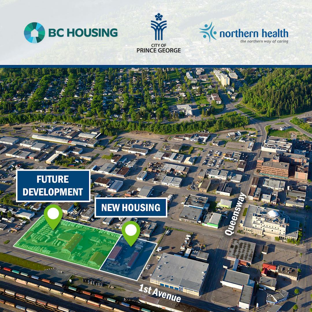 Satellite map view with blocks highlighted for future housing development in downtown Prince George.