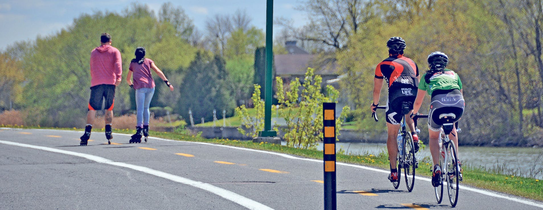 Piste cyclable avec des vélos et du patins à roues alignées