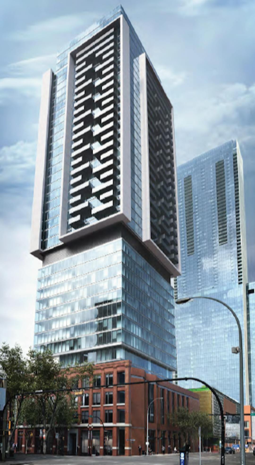 A colour rendering of the proposed La Reina tower (in the foreground), looking upwards from the corner of the building, at a street level view.  Stantec tower (already built) is in the background, to the right.
