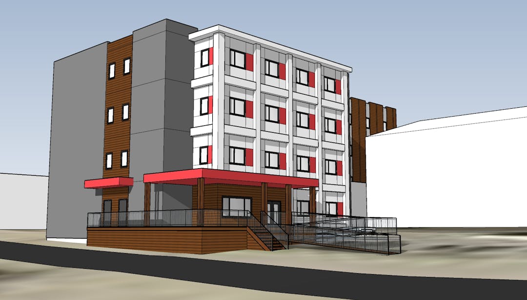 A rendering of a four-story supportive housing building.