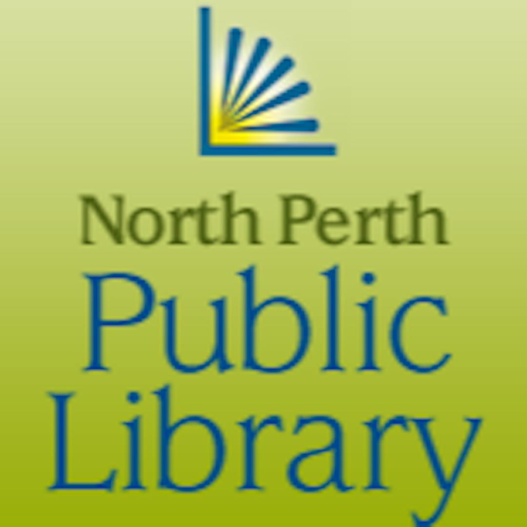 Blue and yellow icon with open pages. Text: North Perth Public Library