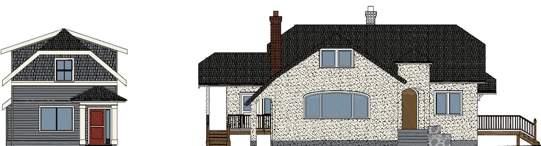 Rendering of infill house (left) and upgrades to existing house (right)