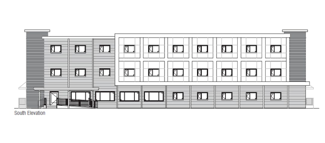A blueprint sketch of a three-storey housing building.