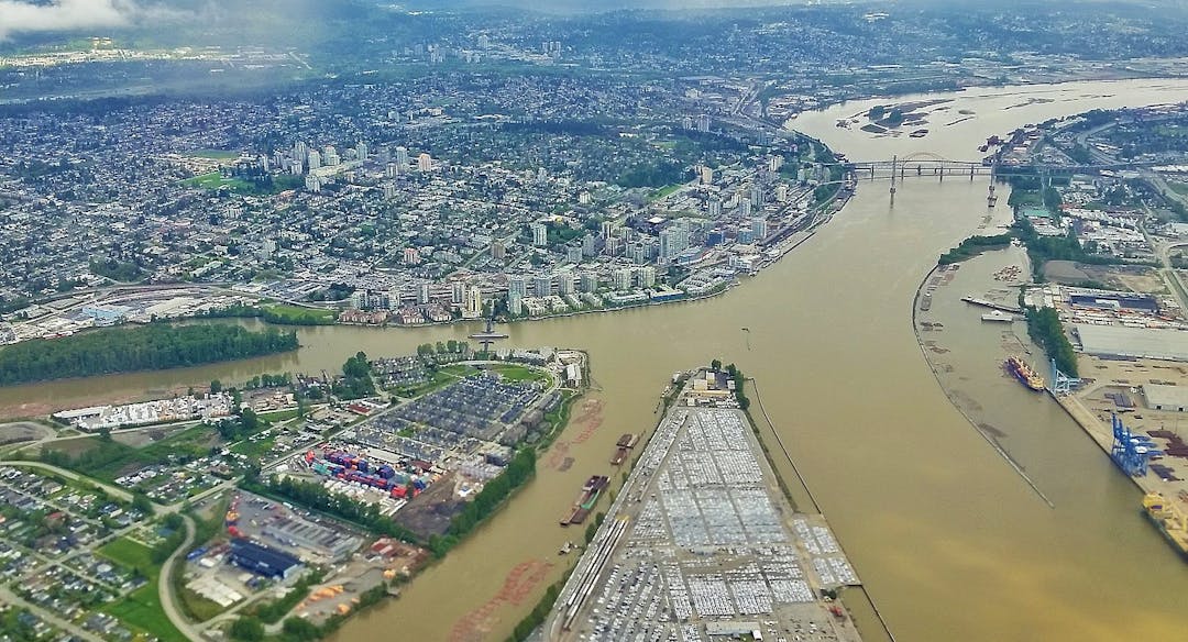 Aerial view of Fraser River and City of New Westminster