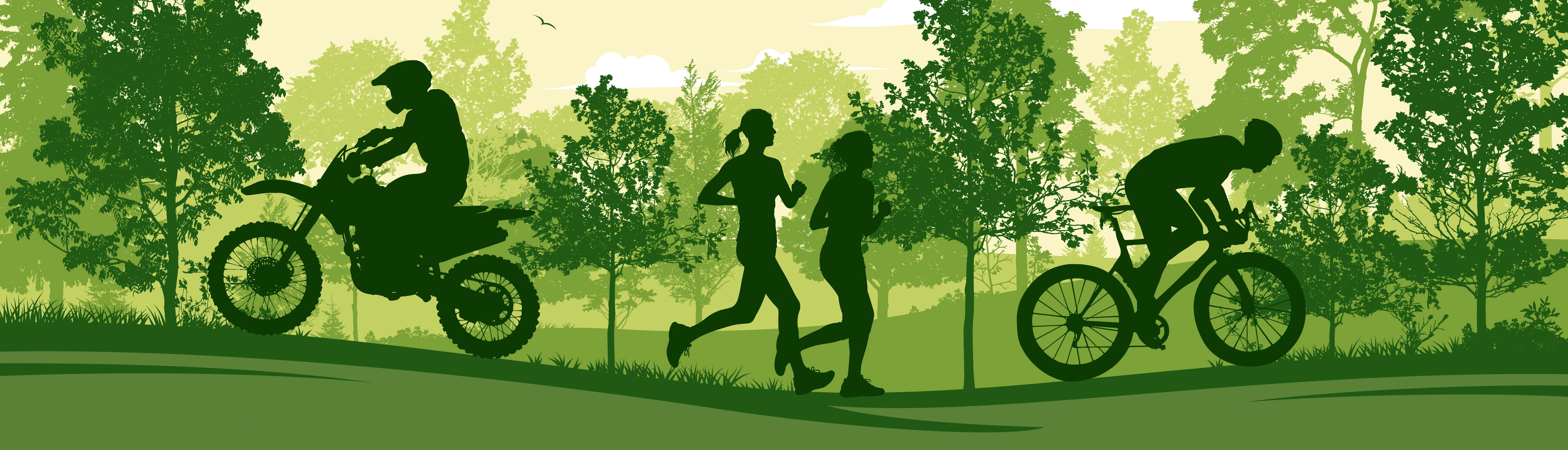 Digital illustration of runners, cyclist and motorcyclist in forest