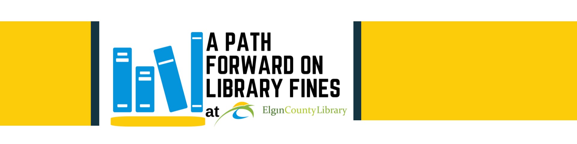 Logo for A Path Forward on Library Fines. 4 books spines stacked on a shelf. 