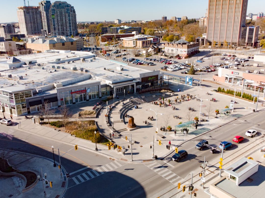 An aerial photo of Waterloo Public Square