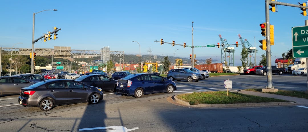 A photo of traffic traveling through the Windsor Street Exchange