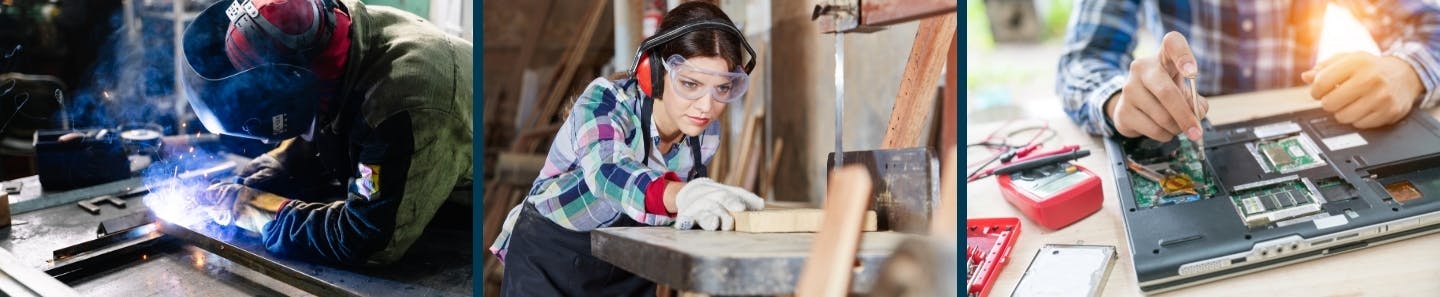 Three images in a banner of a welder, woodworker and person fixing a computer. 
