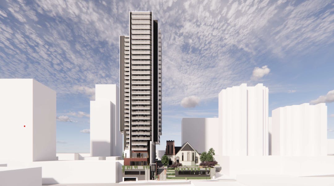 Rendering of proposed 30-storey residential tower and restored cathedral. 
