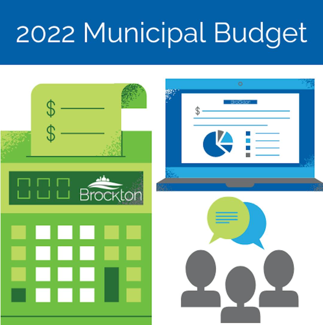2022 Municipal Budget with calculator, computer with charts and graphs, three people discussing in speech bubbles