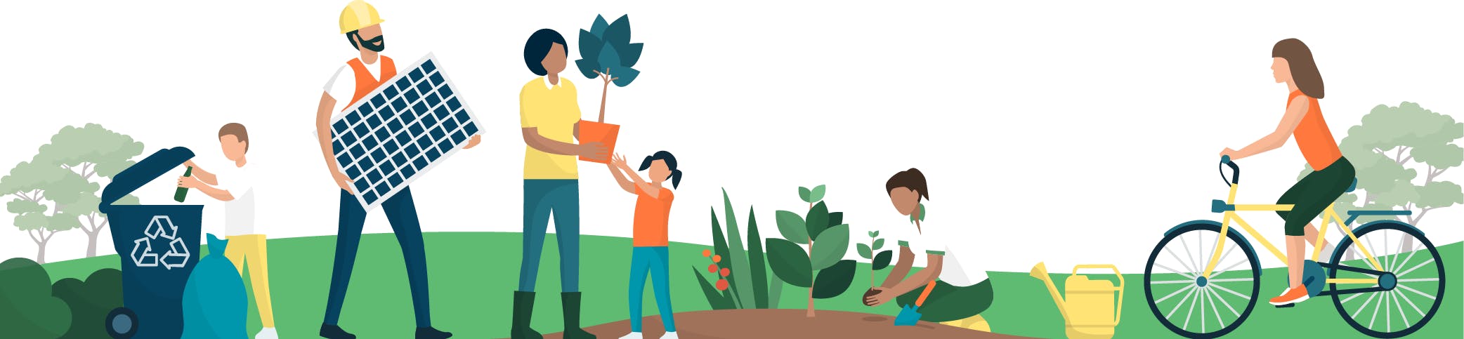 Illustration of people doing various activities outdoors - man recycling, family planting, woman cycling & construction worker carrying solar panel