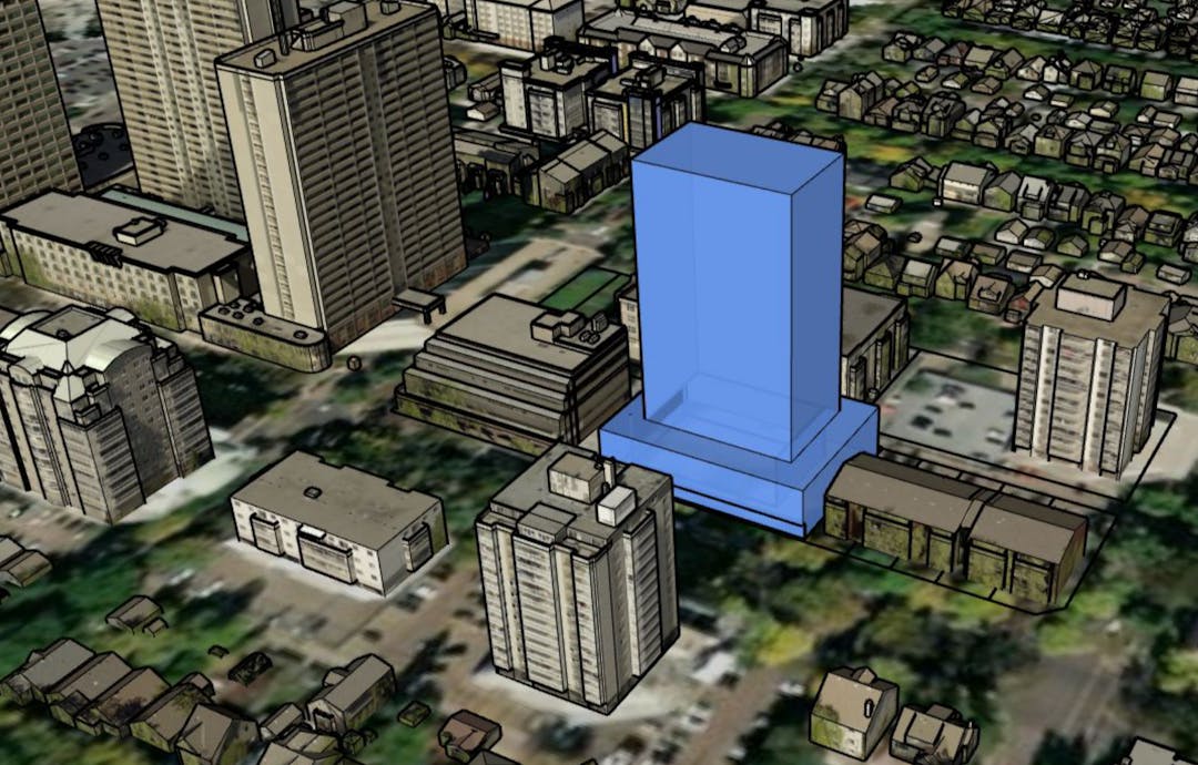 A colour rendering of a new building (11024 - 82 Avenue NW) outlined in blue from an aerial viewpoint.