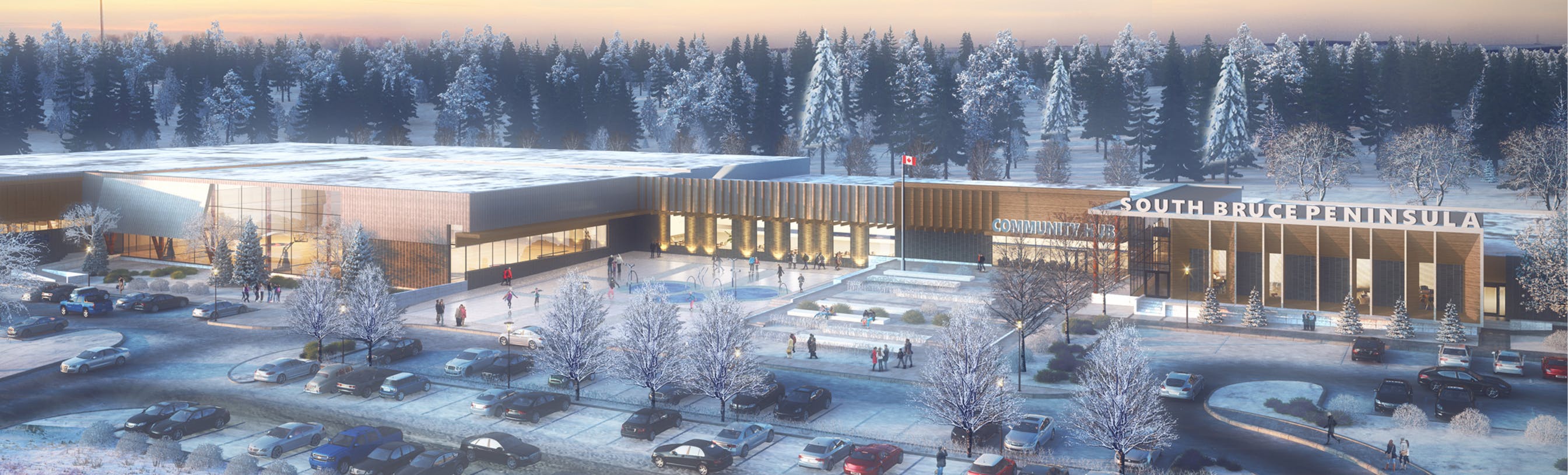A rendering of the conceptual layout of the Community Hub set in the winter against a setting sun