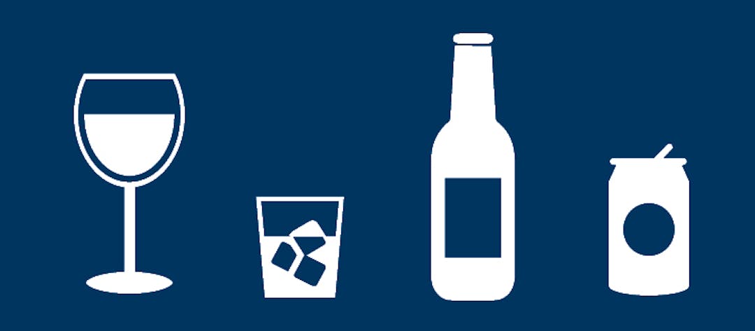 Silhouettes of a glass of wine, a mixed drink, a bottle of beer and a canned beverage against a navy blue back ground.
