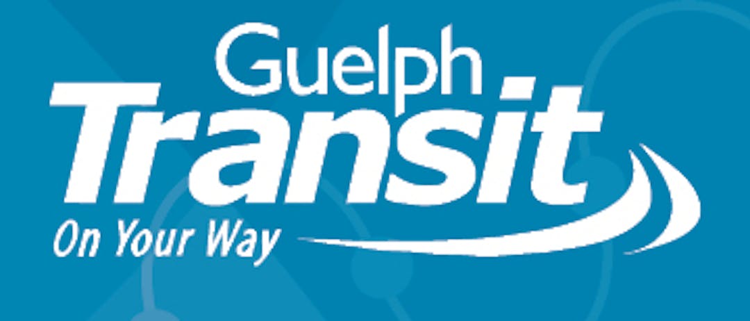 A blue geometric design with the text  "Guelph Transit - On your way" across the image.  