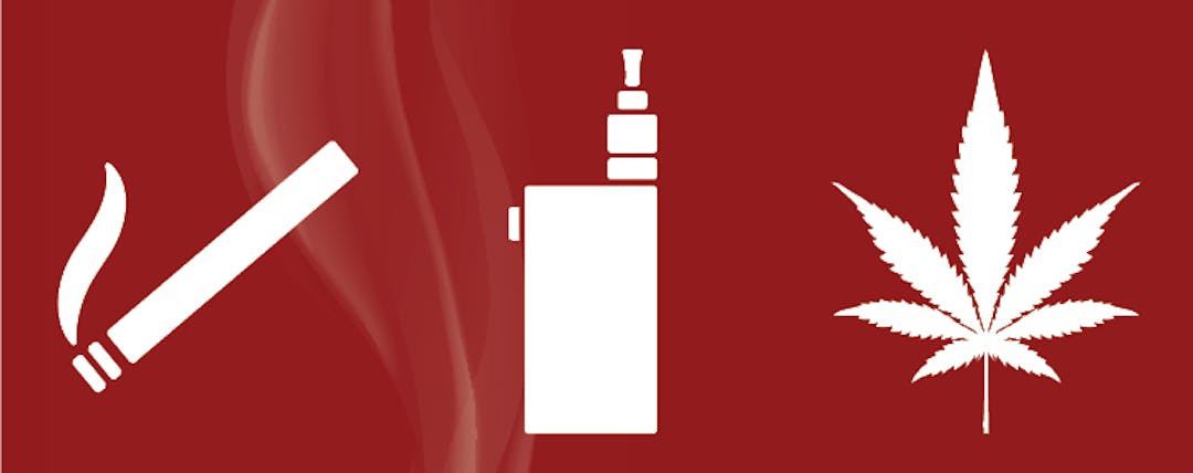 A silhouette of a cigarette, a vaping device and a cannabis leaf against a maroon background 