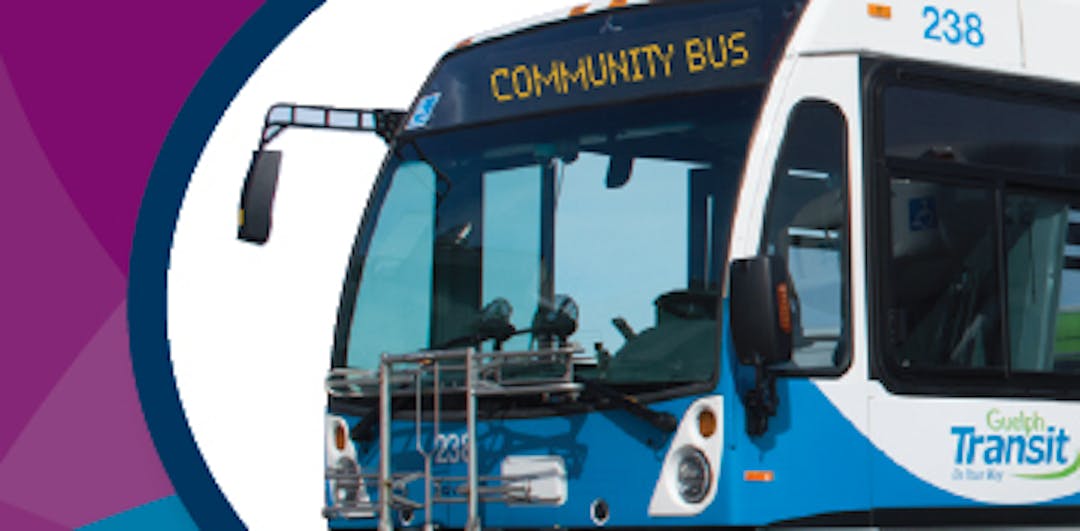 A Guelph Transit Community Bus picture inside of a speech bubble. 