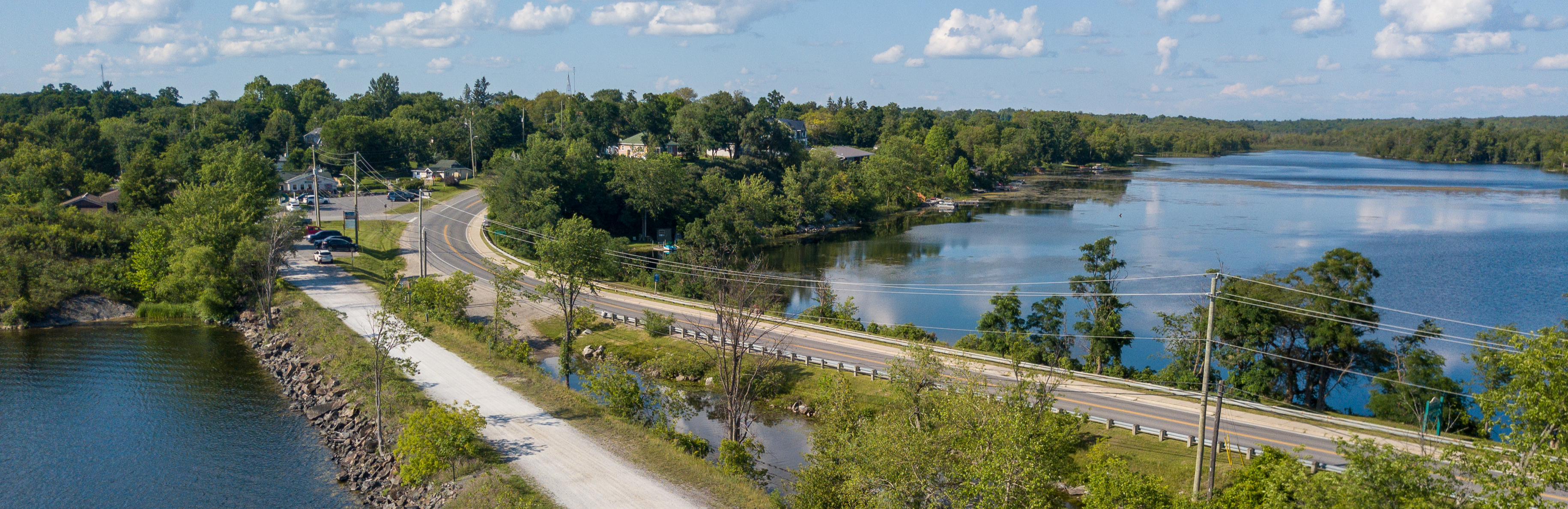 Landscape aerial view of lake, small islands and sky