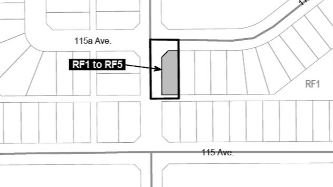 A black and white map of the property that is proposed to be rezoned (11515 - 139 Street), showing the property