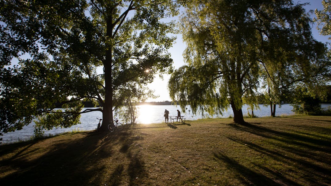 People at park bench next to river