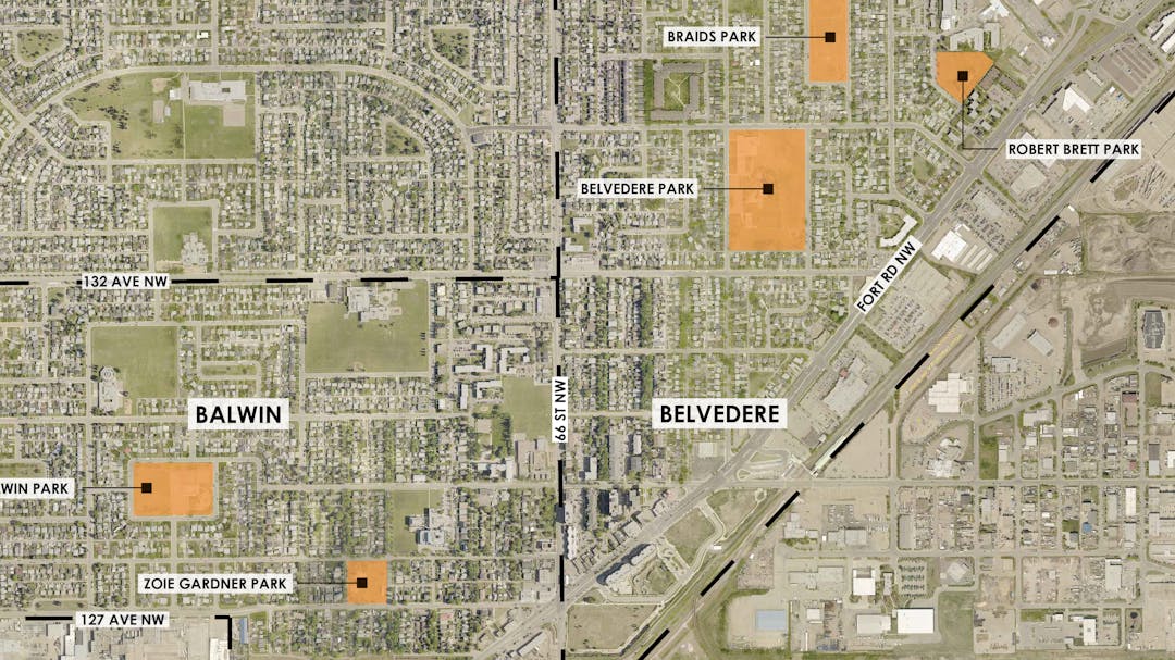 Map of Balwin and Belvedere neighbourhoods showing locations of the selected (orange) parks and open spaces for this project