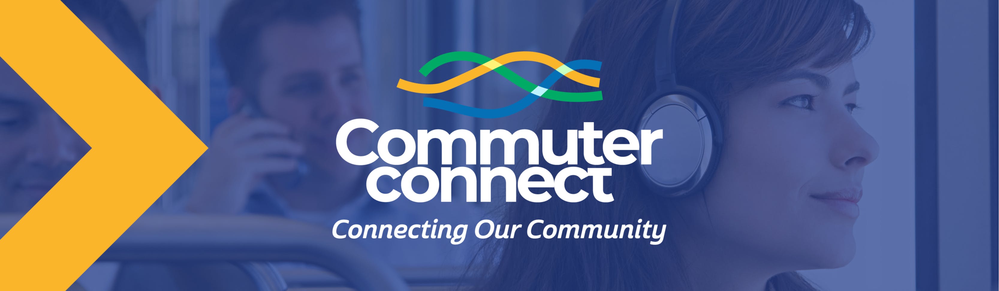 Woman with headphones on looks out a bus window. Commuter Connect logo with text that says 'Connecting our community'.